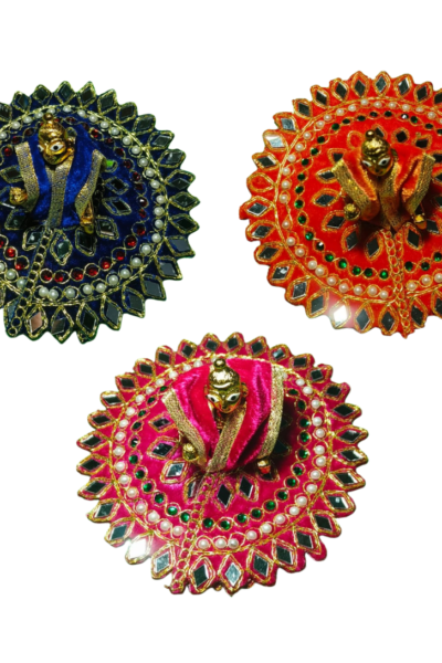 Royal Laddu Gopal Velvet Dress with Heavy Mirror & Pearl Work Aasan – Designer Krishna Poshak for Bal Gopal (Blue, Orange & Pink Set)