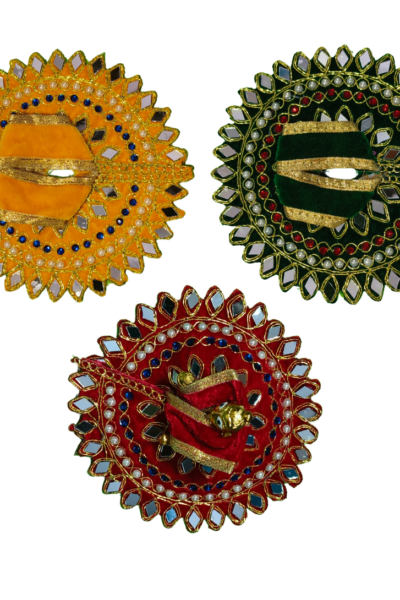 Designer Laddu Gopal Velvet Dress with Mirror & Pearl Work Aasan – Premium Krishna Poshak for Bal Gopal (Yellow, Green, Red Collection)