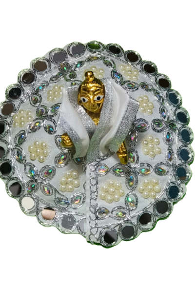 White Designer Laddu Gopal Dress with Heavy Mirror & Pearl Work – Premium Velvet Krishna Poshak with Decorative Aasan