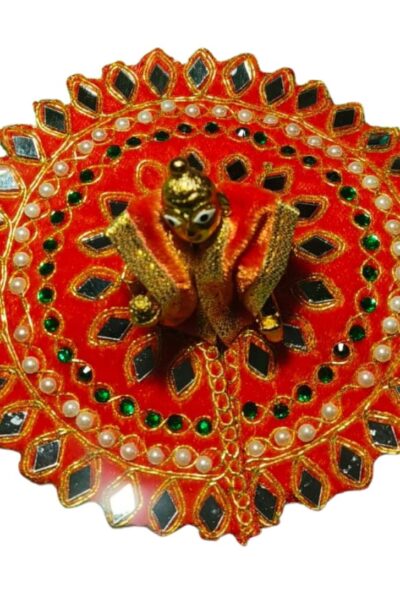 Royal Laddu Gopal Velvet Dress with Heavy Mirror & Pearl Work Aasan – Designer Krishna Poshak for Bal Gopal (Blue, Orange & Pink Set)