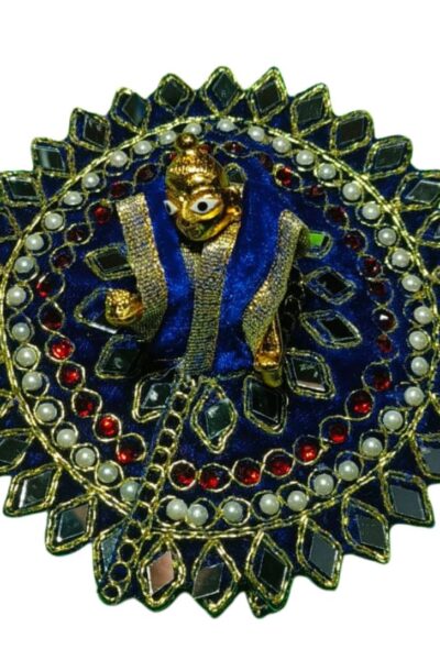 Royal Laddu Gopal Velvet Dress with Heavy Mirror & Pearl Work Aasan – Designer Krishna Poshak for Bal Gopal (Blue, Orange & Pink Set)